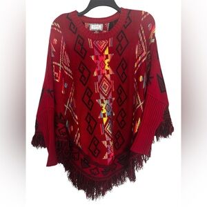 Loana Lady Geometric Aztec Cowgirl Red Poncho Sweater